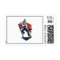 Worker With Sledge Hammer And Flag Retro Postage Stamp