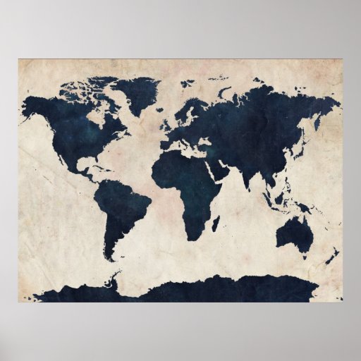 World Map Distressed Navy Print