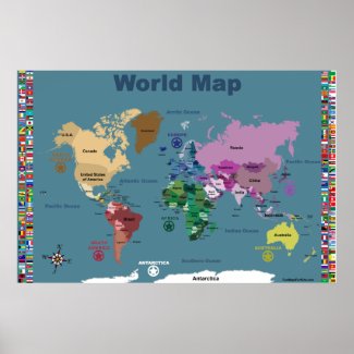World Map For Kids - Blue with Flags Posters