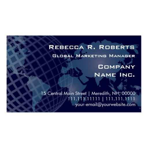 World Map International Telecommunications Blue Business Card Template (front side)