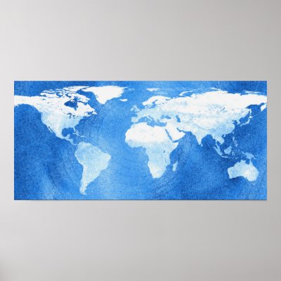 Map of the world in blue and white tones in a grunge vintage style.