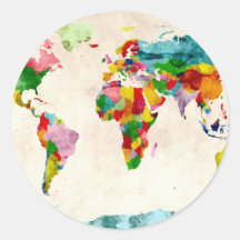 World Map Watercolors Round Stickers