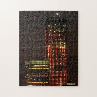 World Trade Center lit up in Red Close Up Jigsaw Puzzles