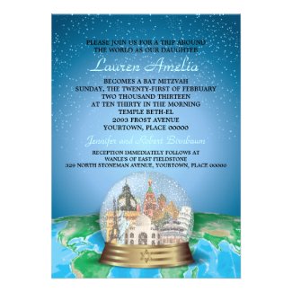 World Travel Bar Bat Mitzvah Snow Globe Invitations
