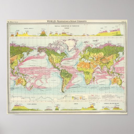 World vegetation & ocean currents Map Print