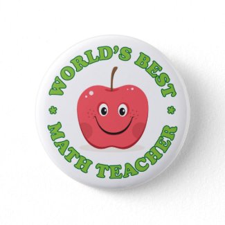 Worlds best math teacher pinback button, red apple button