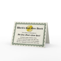 World's Best Mom Award Certificate Card