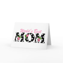 World's Best Mom Black with Pink Tulips Greeting Cards
