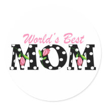 World's Best Mom Black with Pink Tulips Round Sticker