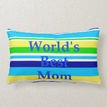 Worlds Best Mom Summer Stripes Teal Lime Yellow Pillow