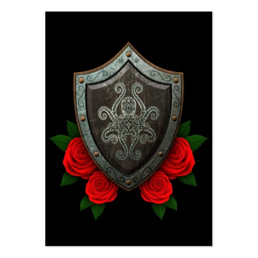 Worn Decorated Octopus Shield with Red Roses Business Card Template (front side)