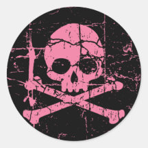 Worn Pink Skull and Crossbones Round Stickers