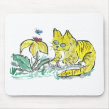 Wow, What is That? Exclaims Yellow Tiger Kitty Mouse Pads