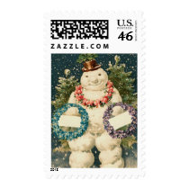 Wreath Decorated Snowman postage by VintageHolidays Wreath Decorated Snowman postage