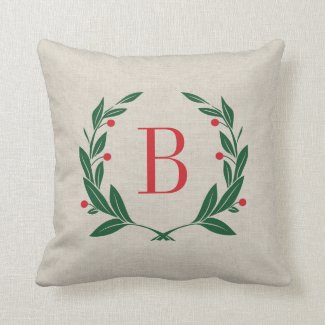 Wreath Monogram Holiday Throw Pillow