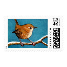 WREN IN OIL PASTEL POSTAGE STAMP