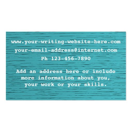 Writer Author Retro Typewriter on Blue Wood Business Card Template (back side)