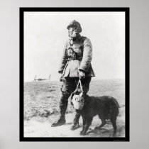 WWI Sergeant and His Dog Wearing Gas Masks 1915 Print