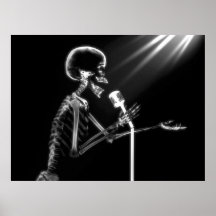 X-RAY SKELETON SINGING ON RETRO MIC - B&W PRINT