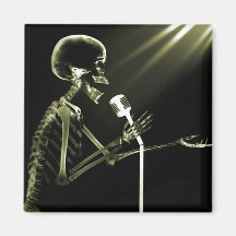 X-RAY SKELETON SINGING ON RETRO MIC - YELLOW FRIDGE MAGNET