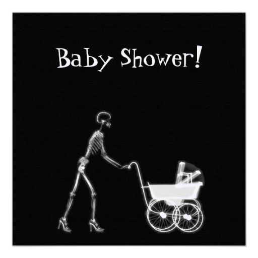 X-RAY SKELETON WOMAN & BABY CARRIAGE - B&W PERSONALIZED ANNOUNCEMENTS