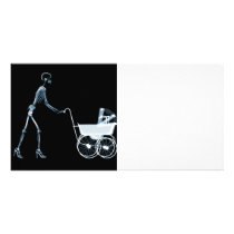 X-RAY SKELETON WOMAN & BABY CARRIAGE - BLUE PERSONALIZED PHOTO CARD