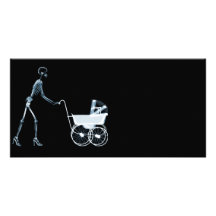 X-RAY SKELETON WOMAN & BABY CARRIAGE - BLUE CUSTOM PHOTO CARD