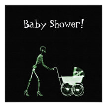 X-RAY SKELETON WOMAN & BABY CARRIAGE - GREEN CUSTOM INVITES