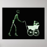 X-RAY SKELETON WOMAN & BABY CARRIAGE - GREEN POSTER