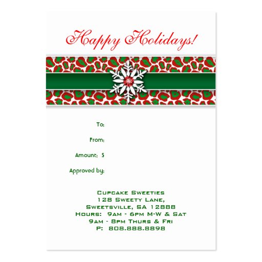 Xmas Gift Card Zebra Leopard Snowflake Business Card Template (back side)
