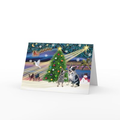 Xmas Magic-Aussie Cattle Dog pair Greeting Card by ChristmasMagicDogs