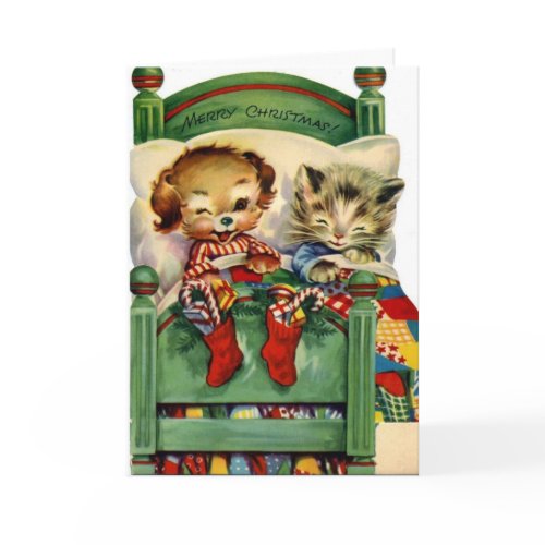 Xmas Vintage Card Merry Christmas Kittens Dog card