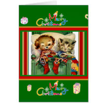 Xmas Vintage Card Merry Christmas Kittens Dog