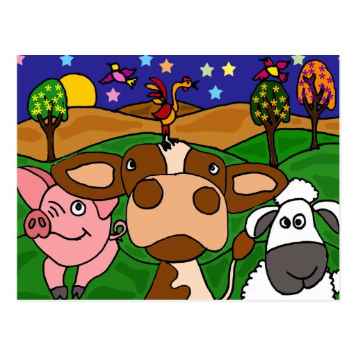 XV- Cow, Pig, and Sheep Folk Art Design Postcards