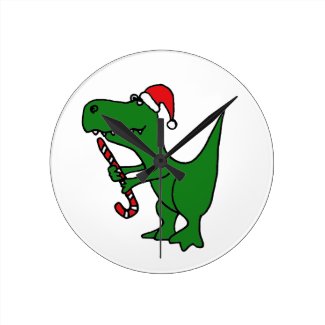 XX- Funny T-rex Dinosaur Wearing Santa Hat Round Wallclocks