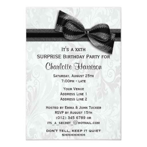 XXth SURPRISE Birthday Party Damask and Bow Custom Announcements