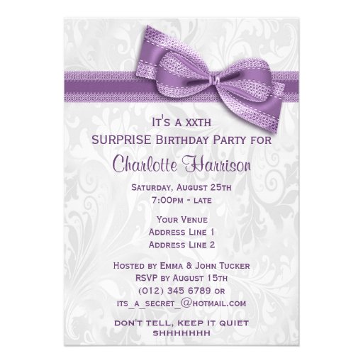 XXth SURPRISE Birthday Party Damask and Bow Personalized Announcement