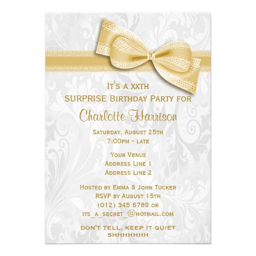 XXth SURPRISE Birthday Party Damask and Bow Personalized Announcement