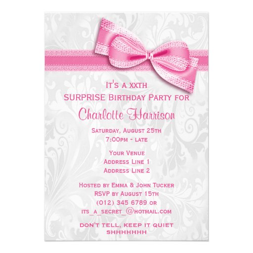 XXth SURPRISE Birthday Party Damask & Pink Bow Invites