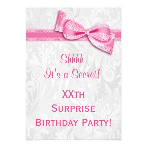 XXth SURPRISE Birthday Party Damask & Pink Bow Invites