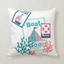 Yacht Coral and Boat Throw Pillows