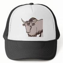 Yak cartoon drawing, brown and sandstone mesh hat