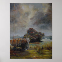 Yatch in dry dock with stormy sky posters