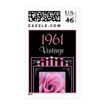 Year: 1961 Birthday Vintage Pink Rose & Candles Postage Stamp