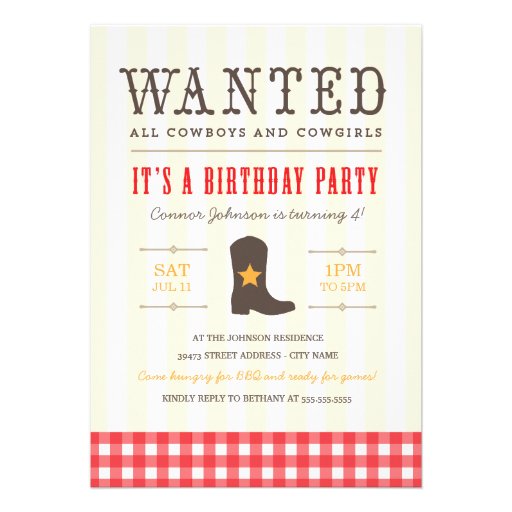 Yeehaw! Cowboy Birthday Party Invitation (front side)