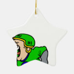 Yelling player holding stick ornaments