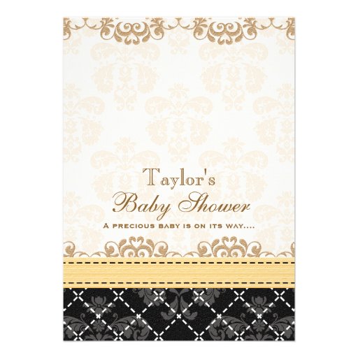 YELLOW AND BLACK DAMASK BABY CARRIAGE BABY SHOWER INVITATIONS