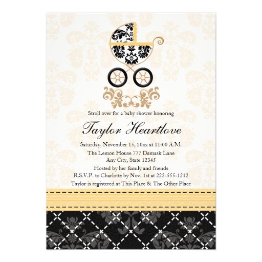 YELLOW AND BLACK DAMASK BABY CARRIAGE BABY SHOWER INVITATIONS