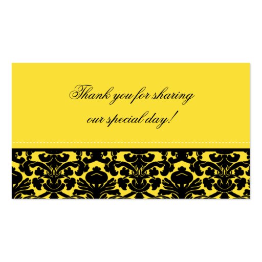 Yellow and Black Damask Wedding Favor Tag Business Card (back side)