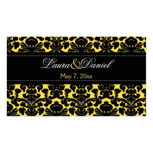 Yellow and Black Damask Wedding Favor Tag Business Card (front side)